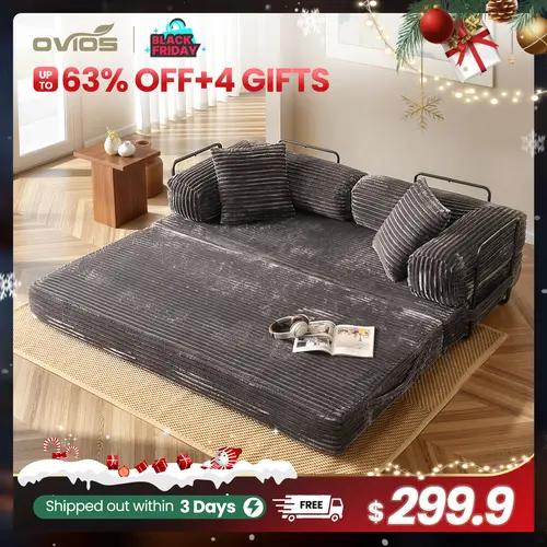 【SohoChic Sale】OVIOS 81" Convertible Boneless Sofa Bed, 4-in-1 Fold Out Loveseat Sleeper Couch with Pillow, Modular Cloud Corduroy Folding Queen Bed & Floor Mattress for Living Room, Bedroom & Apartment, No Assembly