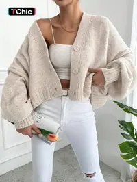 Women's V Neck Lantern Sleeve Sweater, Casual Baggy Loose-Fit Knitted Cardigan, Fall & Winter Fashion, Minimalist, Plain Color, One Button Design, Knitwear Tops