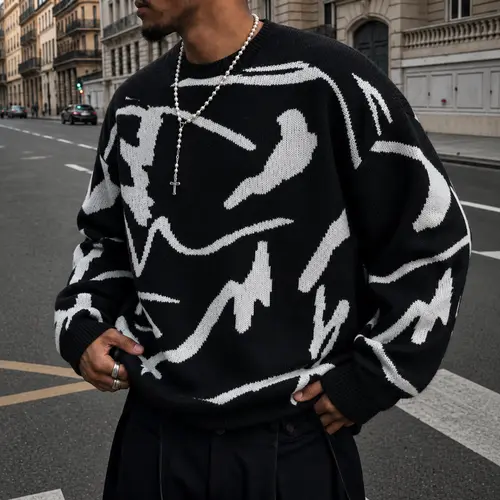 #Springfresh Men's Polyester Long-Sleeve Round Neck Pullover Sweater - Y2K Graphic, Casual Regular Fit, Breathable, Unisex Cut for Shared Wardrobes, Pullover Style for Fast Dressing, Fall & Winter Menswear Outfit Tops, Grey Chinos Aesthetic Knitwear