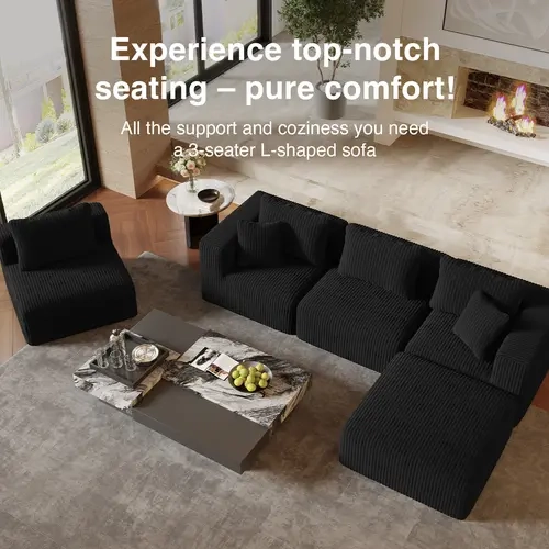 【4 Packages Shipping] Plush Corduroy Cloud Velvet Modular Couch with Chaise & Ottoman, No Assembly Required - L/U- Shaped Sectional Sofa Set with Flexible Configuration