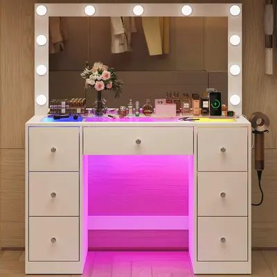 PUNICE White Vanity with Mirror, 11 Glowing Lights, Power Outlet, 7 Drawers, Interactive Makeup Vanity Desk, Bedroom Furniture, Storage Desk for Bedrooms & Dressing Rooms