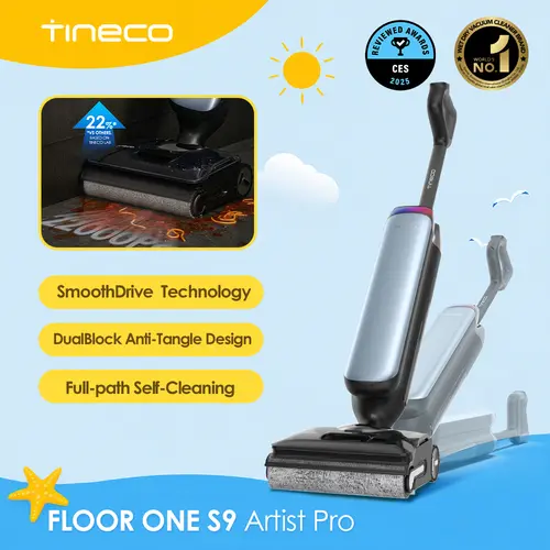 TINECO Floor One S9 Artist Pro Wet Dry Vacuum Cleaner - 22kPa Suction Power, 360-Degree SmoothDrive, Anti-Tangle Design, 185°F Flashdry, 75-Min Runtime, Dual-Edge Cleaning, 180-Degree Lay-Flat Feature, 22kpa Power