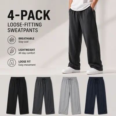 4-Pack Men's Loose Fitting Casual Pants for Fall Relaxed Fit Oversize Clothing Comfortable Drawstring Lounge Pants with Pockets  Workout Stylish Black And Deep Gray, Beige