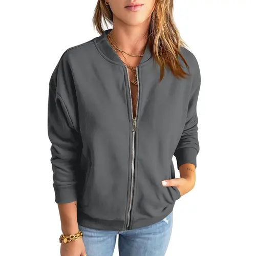 Fisoew Women's Bomber Jacket Casual Long Sleeve Full Zip-Up Sweatshirt with Pockets Loose Fit Cotton Blend Summer Coats Clothes Tops Basic Women's Fashion SohoChi,sohochic