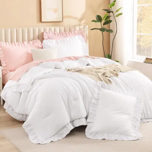 Litanika 3pc Ruffled Synthetic Comforter Set - Full/King Size, Soft Fluffy Wrinkle-Resistant Microfiber Bedding Set, Farmhouse French Country Shabby Chic Style, All Seasons Home Decor, Housewarming Gift for Cozy Setup,sohochic