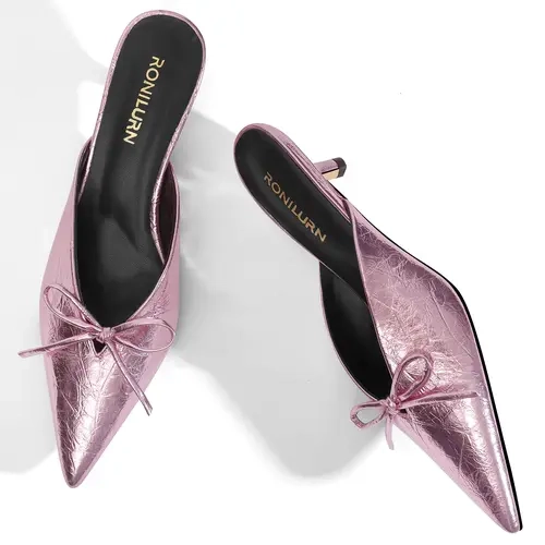 RONILURN Kitten Heels for Women Heeled Mules Stiletto Pumps Bow Closed Toe Pointed Toe Low Heel Slip on Fashion Metallic Backless Prom Party Dressy,sohochic