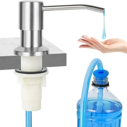 Brushed Nickel Stainless Steel Soap Dispenser Pump - Sturdy, Rust-Resistant, Height-Adjustable, Leak-Proof Kitchen Sink Countertop Press Dispenser with 47in Extension Tube Kit for Daily Dishwashing, Hand Soap Use, Easily Accessible