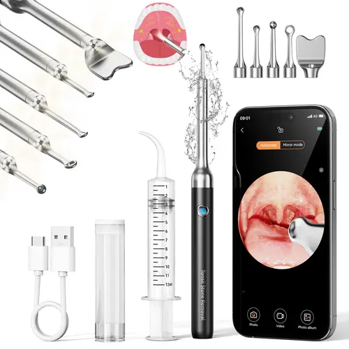 [backtoschool] Upgraded Waterproof 5-in-1 Electronic Tonsil Stone Remover Kit with WiFi-Connected 1080P HD Camera, 6 Adjustable LEDs, Spoon, Rechargeable Battery for iOS/Android, At-Home Stone Removal & Ear Irrigation System,sohochic