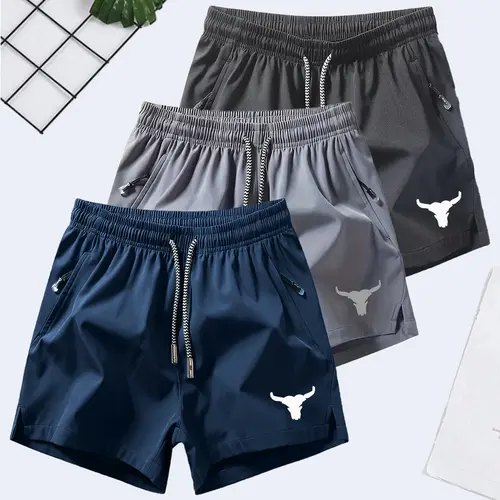 Men's 3-Pack 4-Inch Above-the-Knee Cow Head Print Active Running Shorts - Lightweight, Quick-Dry, Breathable Polyester Bottoms for Gym, Training