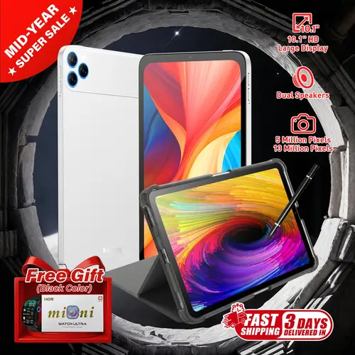 10.1'' Android Tablet with Keyboard, 8+256 Storage, Dual Camera & 5000mAh Battery, 2 in 1 Laptop Tablet for Kids & Students, Smart Watch Gift, Back to School Essential - HDM, Wireless Mouse