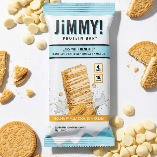 JiMMYBAR! Golden Vanilla Cookies 'n Cream High Protein Bar - 18g Protein, 4g Sugar, Plant-Based Caffeine, Gluten-Free, Real Food Mix with Guarana & MCT Oil, Functional Nutrition Box, Homemade Taste, Cookies & Cream Nutrition Bars, High Protein