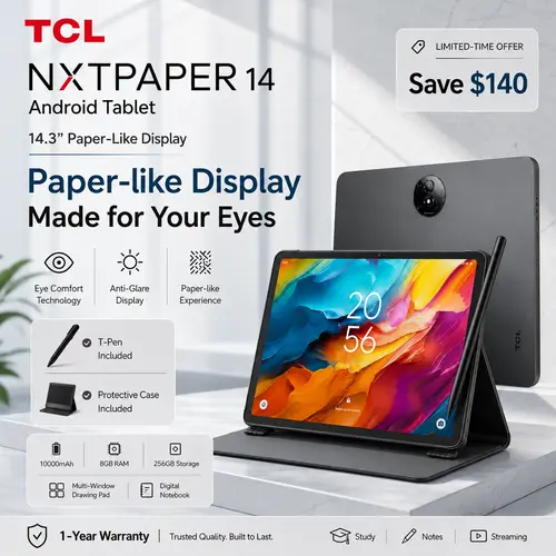 TCL NXTPAPER14Android LCD Tablet (Gray) - 14.3" Paper-Like Screen,4096-Level Stylus,Metal Flip Case,8+8GB RAM,256GB Storage,10000mAh Batteries,13MP Camera,Multi-Window,Charging Support,Work Content Creator Stand,Digital Notebook,for Streamers -toolupgrade