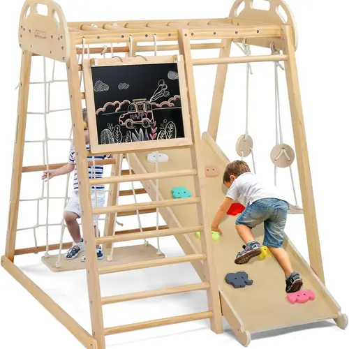 JOYMOR 8-in-1 Indoor Jungle Gym for Kids and Toddlers with Hanging-Bridge and Swing, Wooden Indoor Playground with Slide, Blackboard, Ladders for Toddler Climbers,sohochic