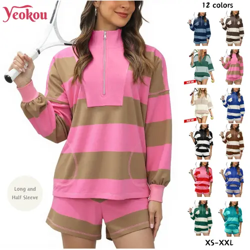 Yeokou Women's 2-Piece Cotton Lounge Set - Striped Quarter-Zip Long Sleeve, Short Sleeve Tee & Shorts, Athletic Sports Clothing Matching Set for Summer-Autumn Casual Workout Yoga,sohochic