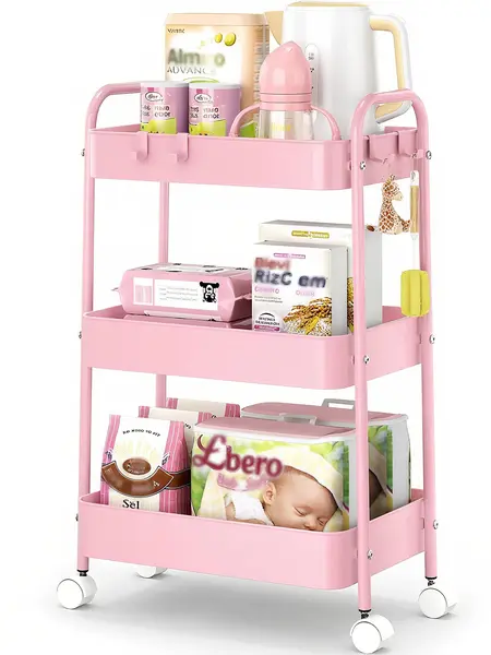 3 Tier Rolling Cart, Metal Utility Cart with 4 Hooks Storage Cart on Wheels Craft Cart with Handle for Organizer Storage for Classroom Office Dorm Home Pink