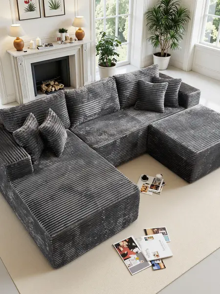 CAODOC 108" Modular Sectional Sofa Cloud Couch with Ottoman Corduroy Memory Foam L-Shaped Couch for Living Room Modern Deep Seat Boneless Fluffy Plush Chaise Lounge Free Combination