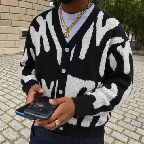 #SummerVibes Menswear Longsleeves V-neck Jacquard Knitwear - Soft Fabric, Stylish Classic Loose College Top, Suitable for Daily Wear & Casual Outings, Unisex Pink Cardigan Tops
