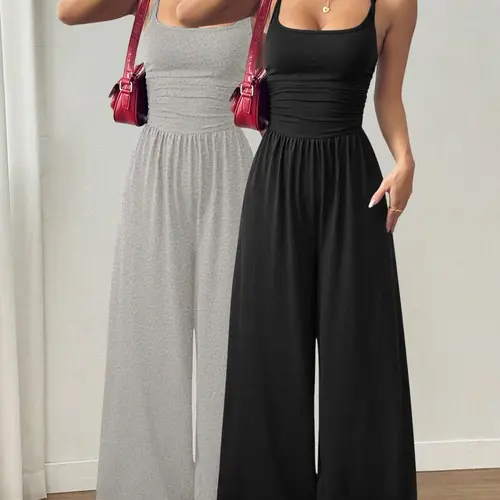 1/2 Document Women's Spring Summer Casual Adjustable Strap Jumpsuit, Loose Straight Leg Waist Cinch, Comfortable Fashion Daily Wear Shopping, Dating, Day