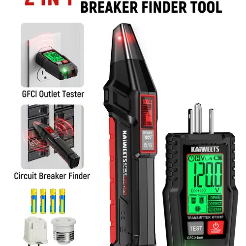 KAIWEETS AC Circuit Breaker Finder Kit with LCD Alert Display – 2-Piece Voltage Tester Set with Transmitter & Receiver, Non-Contact Voltage (NCV) Detection, Flashlight, Cable/GFCI Outlet Tester, Portable Electrical Circuit Detector Tool for Home & Pro Use