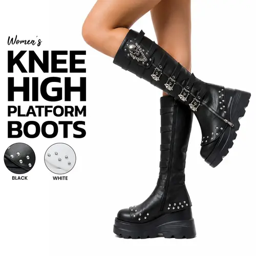 VIMISAOI Women Platform Boots Round Toe Chunky Wedge Heel Side Zipper Skull Buckle Chain Rivets Side Zipper Gothic Punk Edgy Rock Emo Y2K Style Casual Photoshoots Concert Rave Festival Motorcycle Cosplay Fall Trendy Comfortable Fashion Knee High Boots