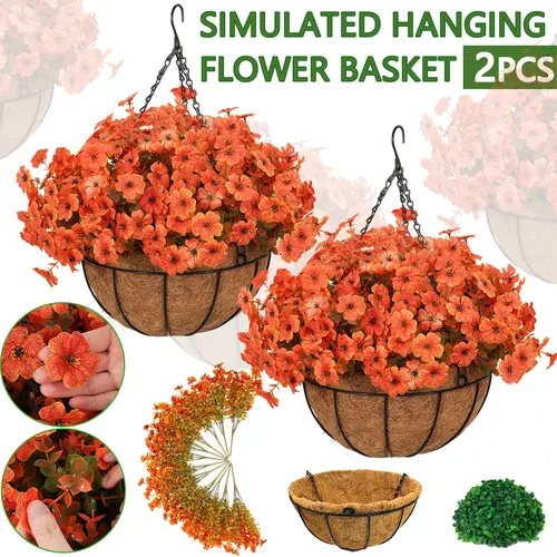 2 artificial plant flower baskets for autumn outdoor decoration, 2 hanging flower pots, 24 flowers, faux silk UV resistant appearance, autumn orange daisy eucalyptus tree, suitable for porch, courtyard, balcony, garden(2, Orange),sohochic