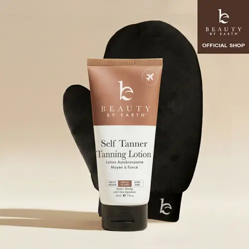 Beauty by Earth Self Tanner Lotion Discovery Kit - Sunless Tanning Travel Size Lotion 85ml with Applicator Mitt for First-Timers, Sensitive Skin Streak-Free Bronze Moisturizing Tan with Aloe Vera