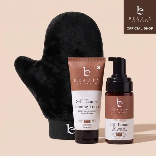 Beauty by Earth Ultimate Self Tanner Mousse & Lotion Discovery Kit - Sunless Tanning Travel Size Mousse and Travel Size Lotion with Applicator Mitt for First-Timers, Sensitive Skin Streak-Free Bronze Moisturizing Tan with Aloe Vera Made in USA
