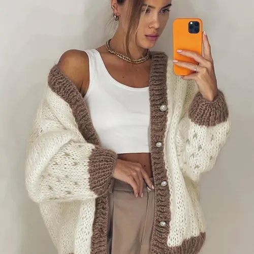 Women's Colorblock Buttons Loose Fit Knit Sweater Cardigan, Casual Style Long Sleeve Sweater Cardigan for Fall & Winter, Women's Fashion Knitwear for Daily Wear, Tops