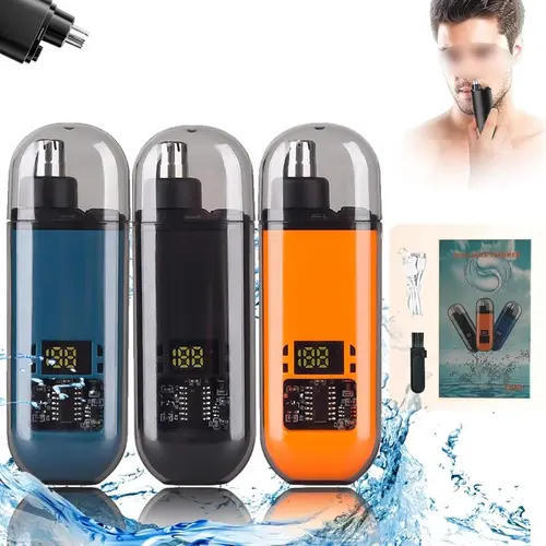 IPX7 Waterproof Electric Nose Hair Trimmer with LED Display, Rechargeable Nose & Ear Hair Remover for Men, Portable Grooming Tool with Cleaning Brush & USB Charging Cable