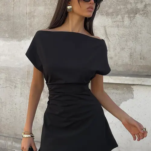 Elegant Minimalist Basic One Shoulder Batwing Short Sleeve Dress, A-Line Waist-Cinch Design, Solid Color Casual Summer, Women's Fashion Clothing, Casual Elegant Dresses