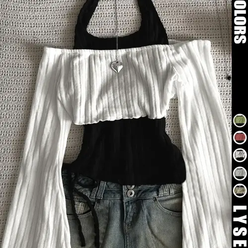 2-Piece Set Fashion Casual Women's Halter Neck Solid Color Top & Off Shoulder Top, Womenswear