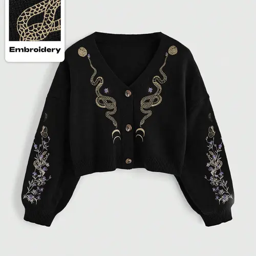 Women's V Neck Gothic Punk Style Plant Snake Embroidery Knitwear Sweater, Casual Loose-Fit Short Knitted Cardigan, All Seasons Moderate Fabric, Tops, Fashion