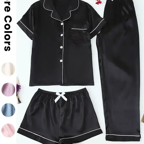 Women's Satin Sleepwear Loungewear Set, 3-Piece Pajama Set, Button Front Top & Bow Decor Shorts & Pants, Casual Homewear for Women, Minimalist