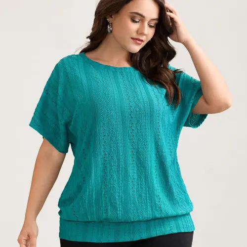 BLOOMCHIC Plus Size Women's Summer Tops [M-6X] - Stretchy Textured Fabric Adds Visual Interest Shortsleeve Blouse with Eyelet Trim, Batwing Shirts for Women, Flattering Everyday Outfit, 2026 Summerfinds Plus Size Clothes, Back to School Pick