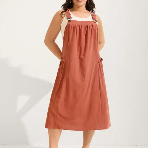 BLOOMCHIC Women's Plus Size Pure Cotton Sleeveless Square Neck Pleated Pocket Pinafore Midi Dress - Smooth, Minimalist, Breathable, Flowy Relaxed Fit, Boho Casual Rust Dress, Curvy Clothing, Summer Vacation Wear, M-6X, SohoChic