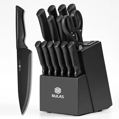 NULAS 14-Piece Kitchen Knife Set with Self-Sharpening Block, Stainless Steel Kitchenware for Slicing & Cutting, 6 Steak Knives, Anti-Slip Handle, Dishwasher Safe, Black