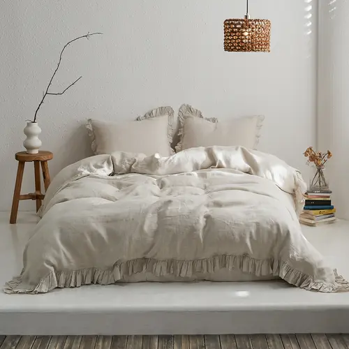 Simple&Opulence 100% Linen Duvet Cover Set, Natural French Flax Ruffle Duvet Cover, Breathable Comfy Linen Bedding Comforter Cover with Pillowcase,tiktokshopsummersale