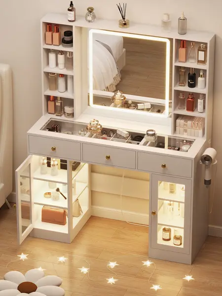 Led Light White Vanity Desk with Mirror and Lights, Glass Top Vanity with Lighted Mirror & RGB Cabinet and 3 Drawers, Dressing Table with 8 Shelves, Modern makeup vanity，Makeup Desk with Lights for Girls Bedroom, Vanity Aesthetic, Ambient Led Makeup Vanit