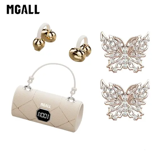 MGALL X22 Open-Ear Clip-On Wireless Bluetooth Headphones, Light-Luxury Leather Handbag-Style Audio Device, 2025 Bluetooth 6.0, LED Display, HiFi Sound, Comfortable Fit, Sport Use, Perfect Gift for Girls, Back to School Music Setup