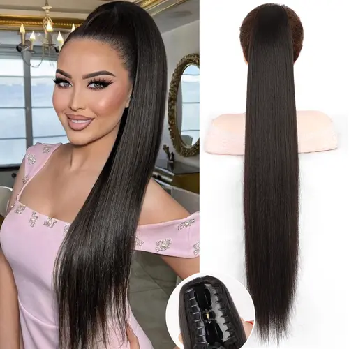 Women's 30in Claw Clip-In Ponytail Hair Extensions - Long Straight, Natural Soft Synthetic Silk, Tangle-Free, Instant Long Pony, Natural Black for Daily & Party Use,sohochic