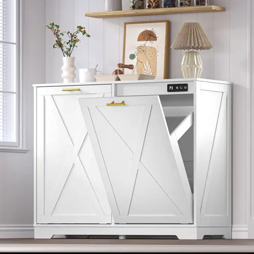 Tilt Out Trash  Cabinet for 2 Bins, Hidden Recycle Garbage Bin Enclosure, Wooden Double Laundry Cabinet with Odor Control, Negative Ion & Ozone, for Kitchen, Bathroom, Laundry Room
