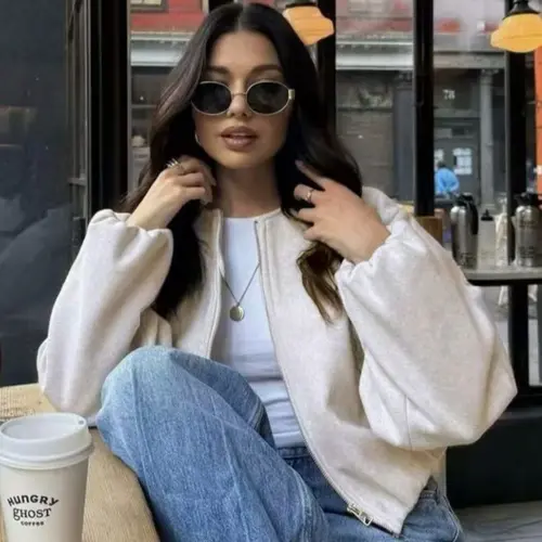 Women's Soft Solid Color Bomber Jacket, Long Sleeve Zipper Pocket Design, Fall Winter Outerwear, Casual Fashion Coat for Women, Casual Fashionable Outerwear