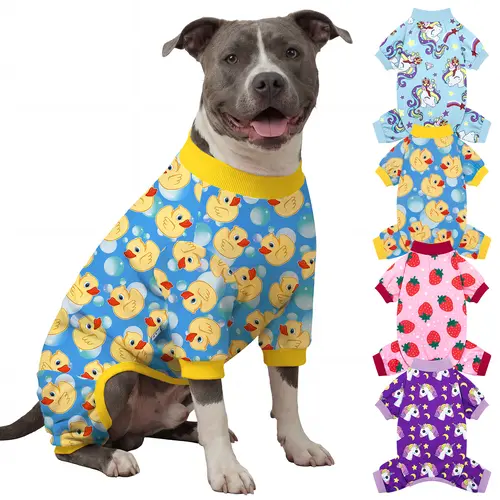 XPUDAC Pet Christmas Clothing Outfits, Duckie & Strawberry 4-Piece Cartoon Print Cozy Wear for Small-Medium-Large Dogs & Cats - Festive Halloween Machine Washable Gift with Measure Back Length Tip,sohochic