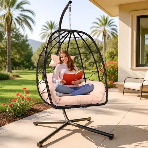 ZZWHOM Free Standing Swing Egg Chair - Thick Cotton Cushioned Vine Design, Heavy-Duty Stainless Steel Frame Outdoor Patio Swing Furniture, 350lbs Capacity, 37.5in Oversized Full-Body Support Seat, 20 Min Assembly for Backyard,home decor,camping essentials