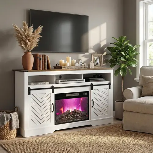 【SohoChic】RoyalCraft Farmhouse Fireplace TV Stand for 65+ Inch TV, Entertainment Center with 23" Electric Fireplace with Remote, 34" Tall Modern Rustic TV Console with Sliding Bar Door for Living Room, Black