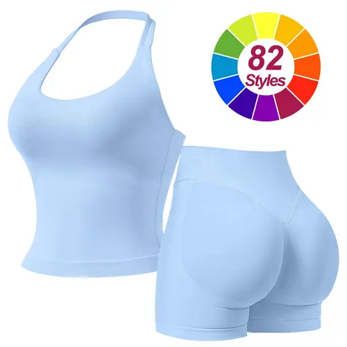 RICH BRIA Women's Solid Color Halter Top & High Waist Shorts Sports Set, Sporty Breathable Quick Drying Outfits for Yoga Gym Fitness Running, Ladies Sportswear for Summer, Workout Clothes, Workout Gym Clothing, Athletic Sports Clothing, Athleisure Wear