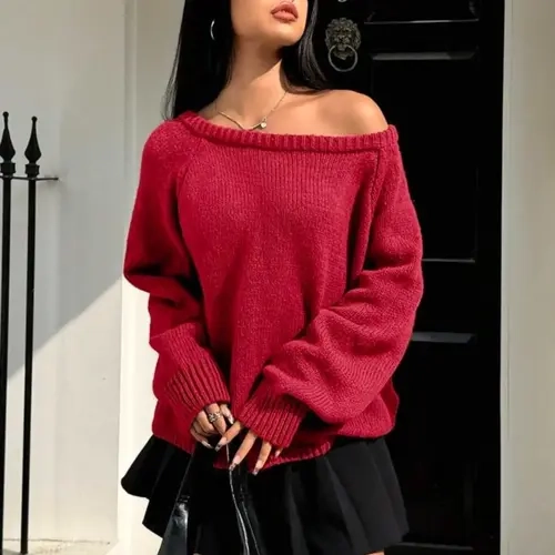 Women's Solid Off Shoulder Raglan Sleeve Loose Basic Sweater, Casual Long Sleeve Jumper for Fall & Winter, Fashion Chic Ladies' Knitwear for Daily Wear, Womenswear, Tops, Fit, Piece, Casual Pullovers