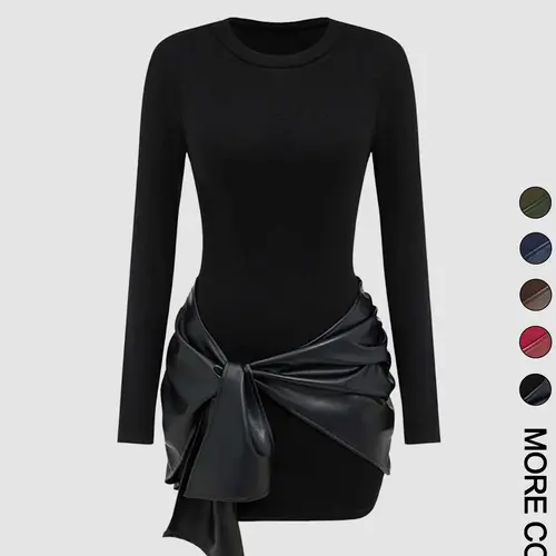 Women's patchwork knotted side ruched long-sleeved mini dress Basic Casual Wear Date Night Dresses