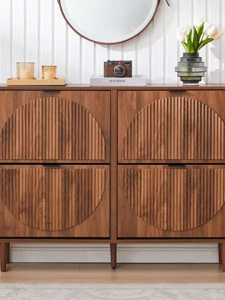 FurSch Mid-Century Modern Shoe Storage Cabinet with 2 Flip Drawers & 4 Drawers, Narrow Wooden Organizer with Round Fluted Design, Stylish Freestanding Shoe Rack for Entryway or Hallway, Minimalist Decorative Wall Mounted Shoe Cabinet