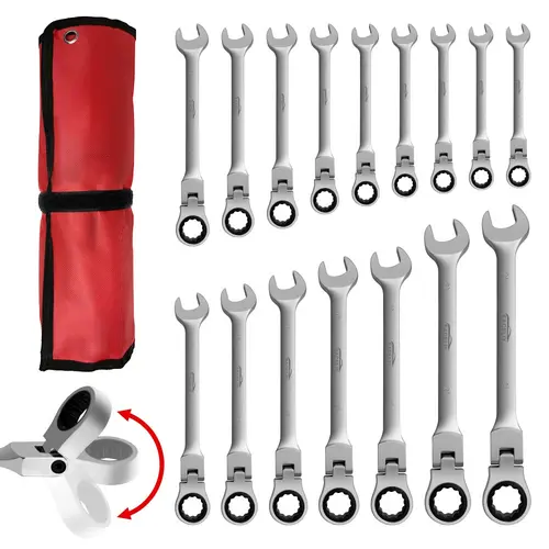 16PCS Flex-Head Ratcheting Wrench Set - Metric 6-24mm Chrome Vanadium HRC50 Steel Power 72-Tooth Swivel Combination Ratchet Wrenches, Mechanic Tools for Auto Repair & DIY Maintenance, with Rolling Pouch, Flexible Combination Wrench #toolupgrade toolupgrad
